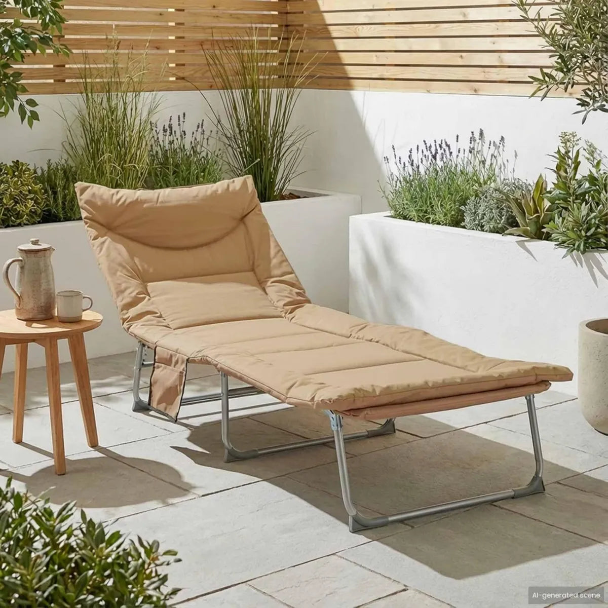 Chaise Longue Pliable Beige avec Dossier Réglable pour Jardin et Plage