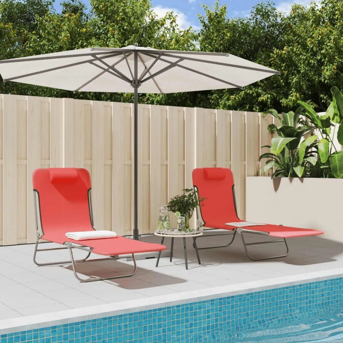Lot de 2 Chaises Longues Pliables Inclinables - Rouge Textilène et Acier avec Repose-tête pour Jardin et Terrasse