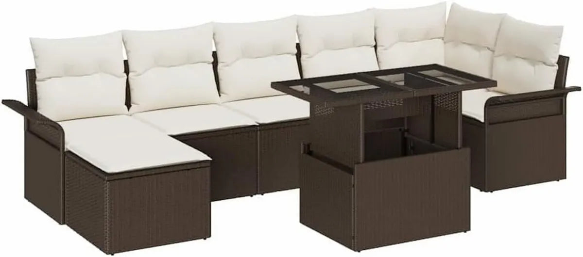 Ensemble de Salon de Jardin 8 Pièces en Rotin Marron, Mobilier d'Extérieur Moderne et Polyvalent