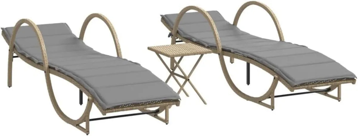 Ensemble de 2 Transats avec Table, Résine Tressée, Coussins Gris
