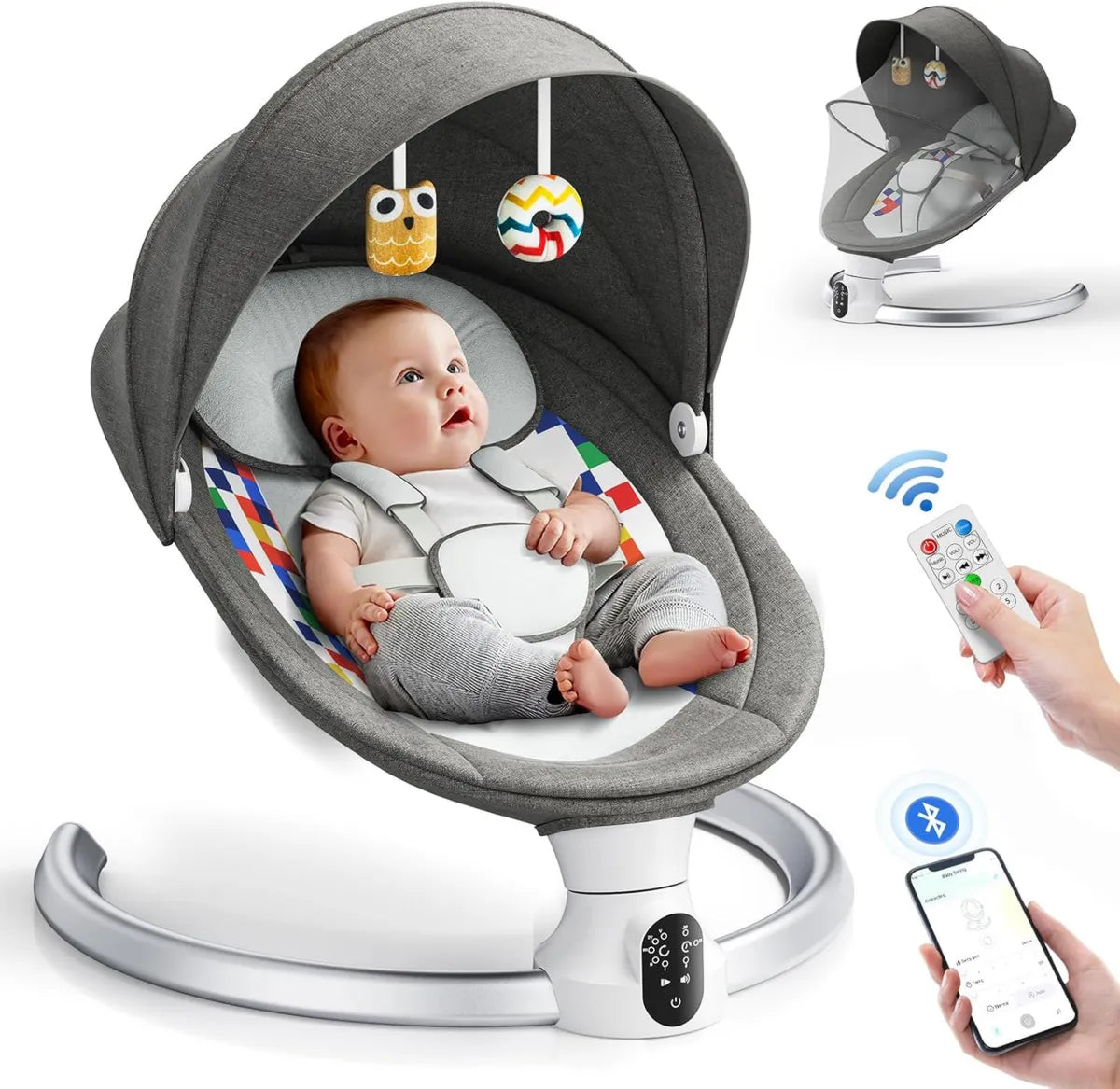 Balancelle Électrique pour Bébé avec Télécommande, Application Mobile et Harnais 5 Points, Pour Nouveaux-nés jusqu'à 9kg, 3 Minuteries, 5 Vitesses et 10 Mélodies (0-9 Mois)