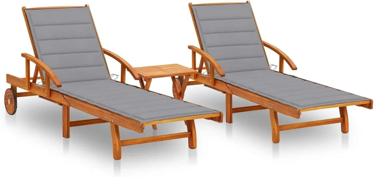 Lot de 2 Transats Réglables avec Table et Coussin en Acacia Massif pour Jardin