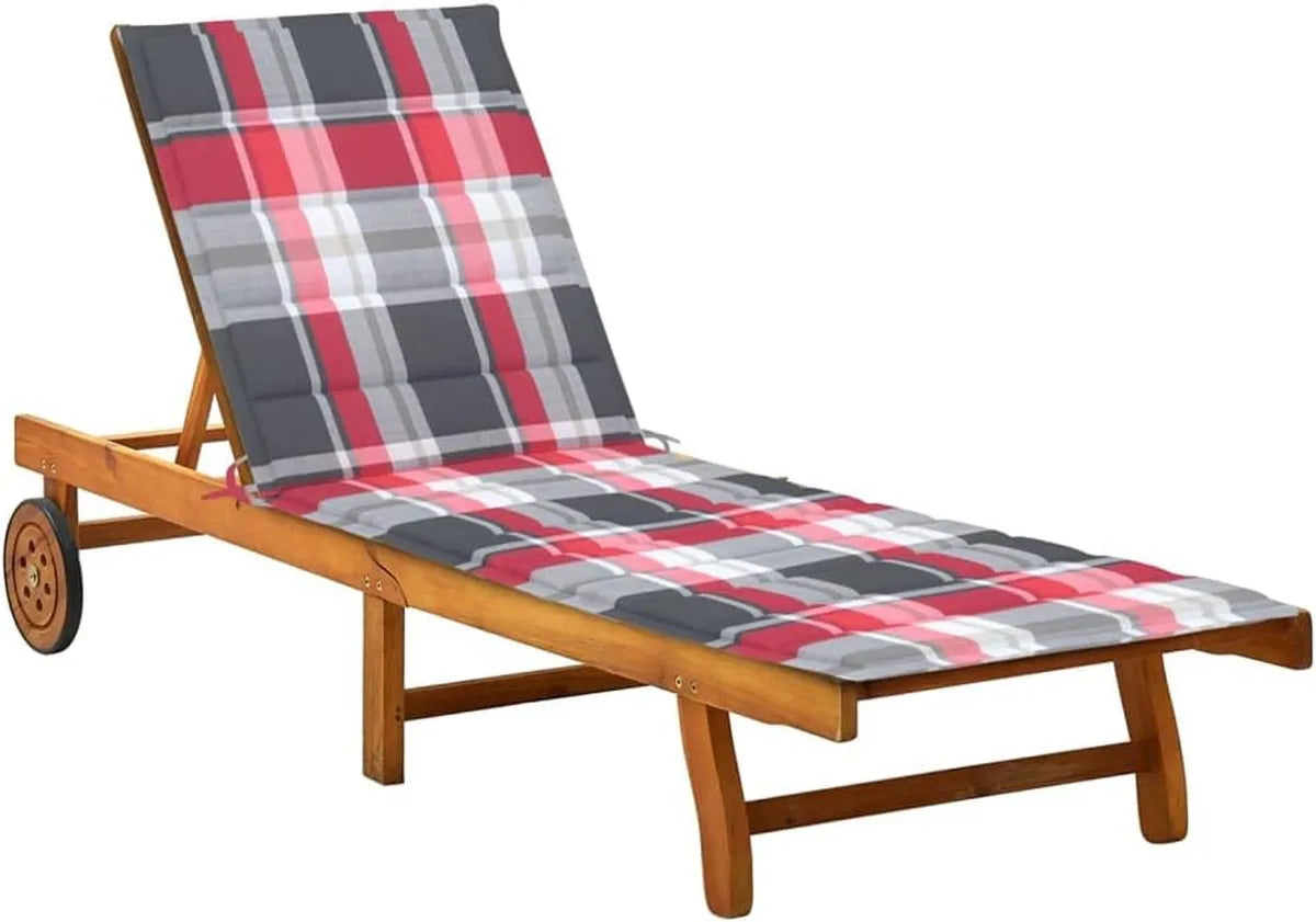 Transat de Jardin en Bois d'Acacia avec Coussin Motif Carreaux Rouges et Table Intégrée