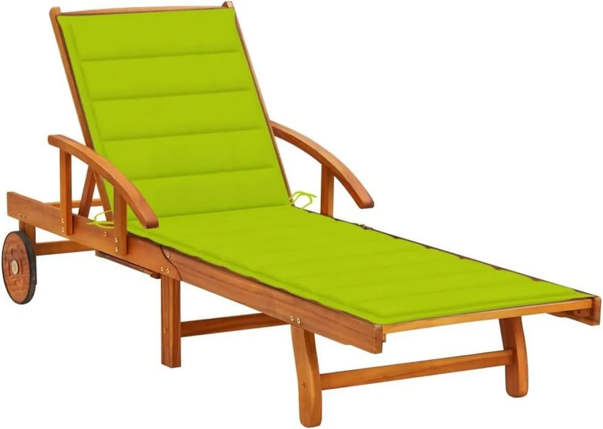 Transat de Jardin en Acacia avec Coussin Vert, Dossier Ajustable et Roulettes pour Terrasse