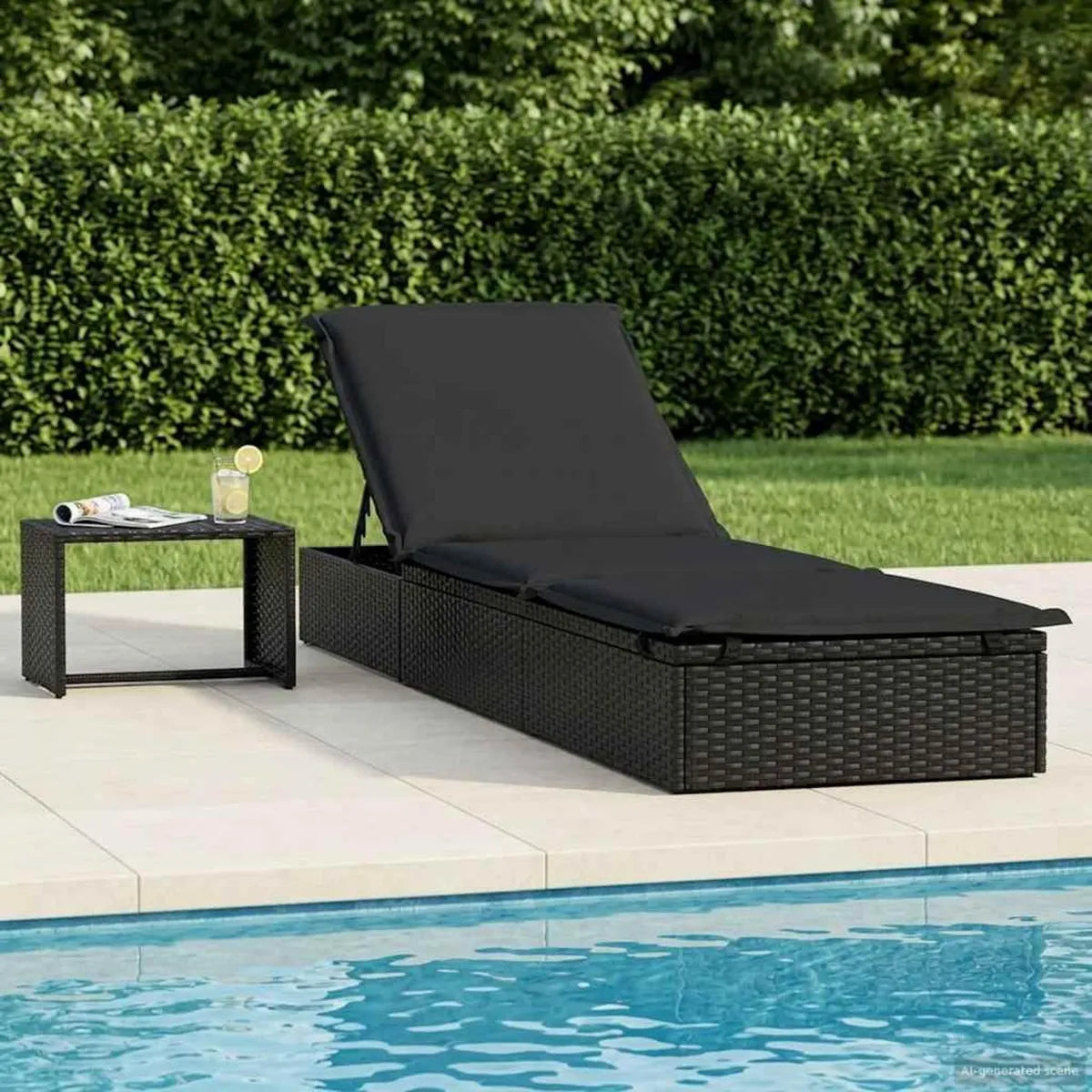 Chaise Longue Réglable Noir avec Table en Résine Tressée, Coussin Inclus, Idéale pour Jardin, Terrasse, Piscine et Camping