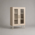 buffet vitrine 2 portes vitrées MDF placage chêne clair étagères verre pieds blanc cassé doré 90 x 40 x 120 cm