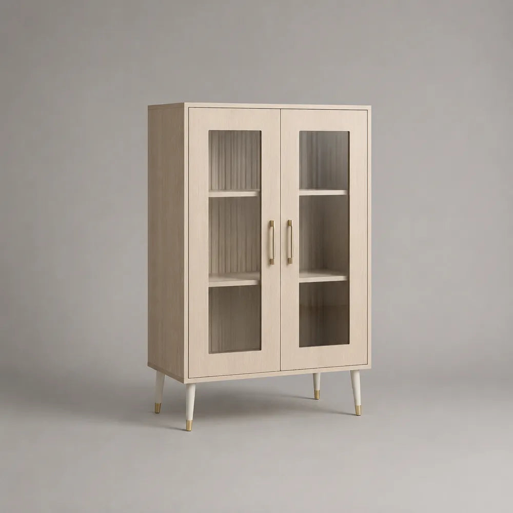 buffet vitrine 2 portes vitrées MDF placage chêne clair étagères verre pieds blanc cassé doré 90 x 40 x 120 cm