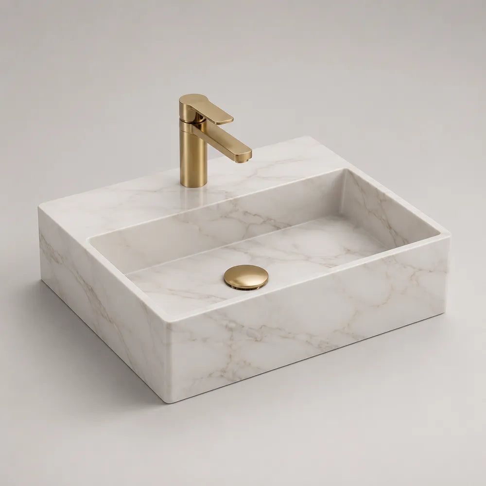Lavabo de salle de bain 60 x 40 x 15 cm céramique effet marbre blanc vasque rectangulaire robinet laiton doré forme posée