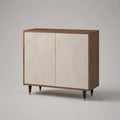 buffet de salle à manger 2 portes MDF placage noyer façade aspect pierre beige pieds métal noir 100 x 40 x 85 cm