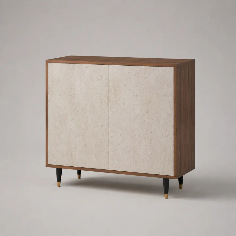 buffet de salle à manger 2 portes MDF placage noyer façade aspect pierre beige pieds métal noir 100 x 40 x 85 cm