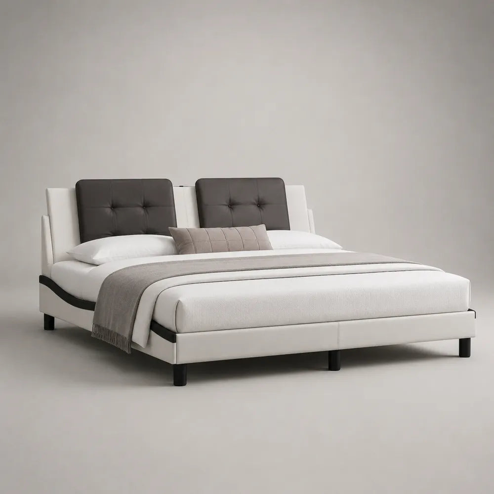 Lit rembourré 160 x 200 cm tissu polyester blanc et gris tête de lit double capitonnée structure rectangulaire pieds cylindriques noirs
