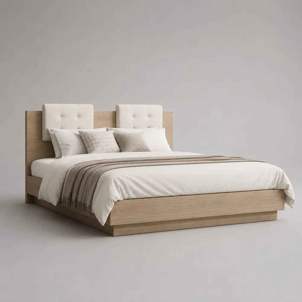 Lit 160 x 200 cm bois effet chêne clair tête de lit capitonnée deux panneaux tissu polyester structure MDF et contreplaqué sommier à lattes cadre rectangulaire