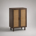 Buffet de salle à manger 2 portes cannage rotin bois foncé structure MDF pieds bois 80 cm x 40 cm x 110 cm