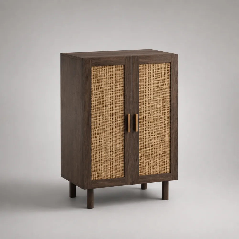 Buffet de salle à manger 2 portes cannage rotin bois foncé structure MDF pieds bois 80 cm x 40 cm x 110 cm