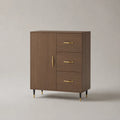 Buffet de salle à manger 1 porte 3 tiroirs MDF placage noyer pieds métal noir et laiton 80 x 40 x 85 cm