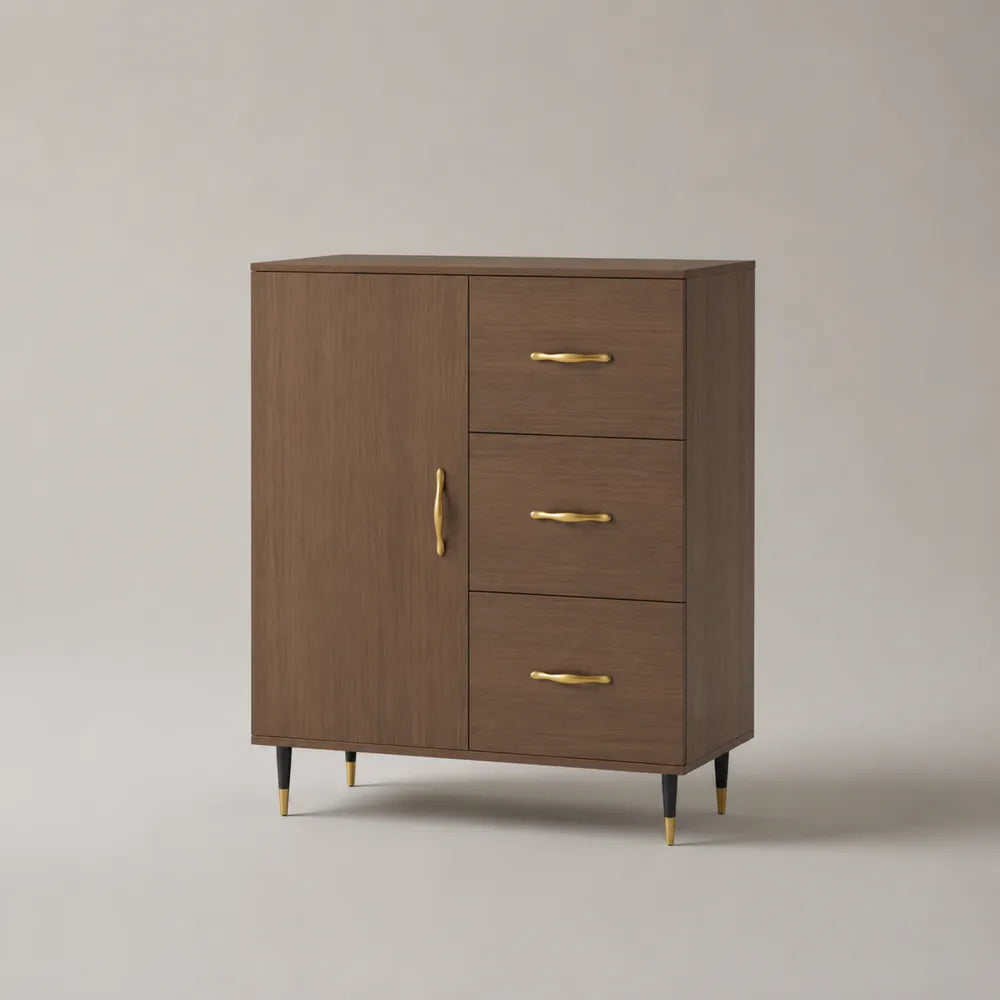 Buffet de salle à manger 1 porte 3 tiroirs MDF placage noyer pieds métal noir et laiton 80 x 40 x 85 cm