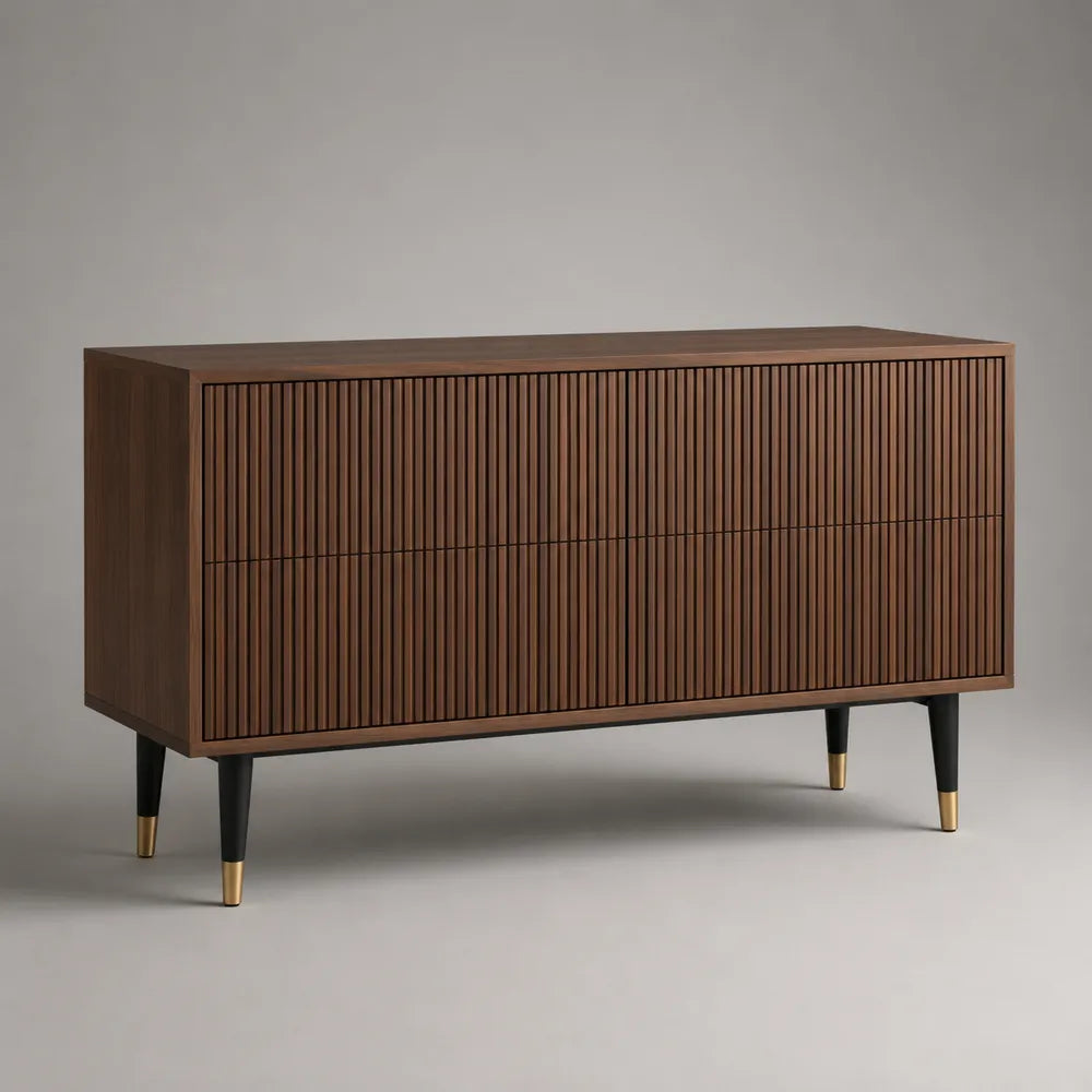 Buffet de salle à manger 4 portes bois noyer façades rainurées piètement métal noir doré 160 cm x 40 cm x 80 cm