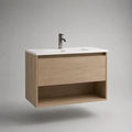 Meuble sous vasque suspendu 80 cm 45 cm 50 cm plateau blanc effet pierre vasque céramique MDF chêne clair façade rainurée 1 tiroir