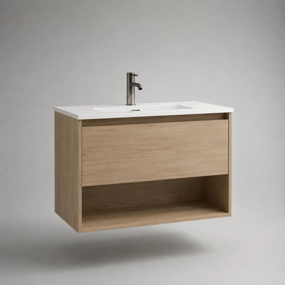 Meuble sous vasque suspendu 80 cm 45 cm 50 cm plateau blanc effet pierre vasque céramique MDF chêne clair façade rainurée 1 tiroir