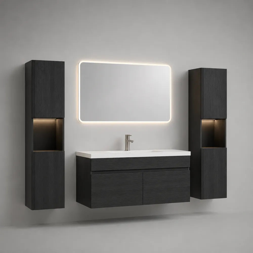Meuble de salle de bain suspendu 120 x 50 x 55 cm ensemble 3 pièces MDF mélaminé noir bois foncé miroir LED colonnes de rangement rectangulaire