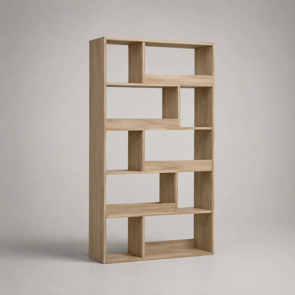 Bibliothèque 180 x 80 x 30 cm en MDF placage chêne clair étagère ouverte géométrique asymétrique structure rectangulaire bois naturel