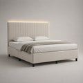 Lit 160 x 200 cm tissu polyester beige tête de lit à canaux verticaux avec éclairage indirect structure MDF et contreplaqué pieds bois massif sommier à lattes