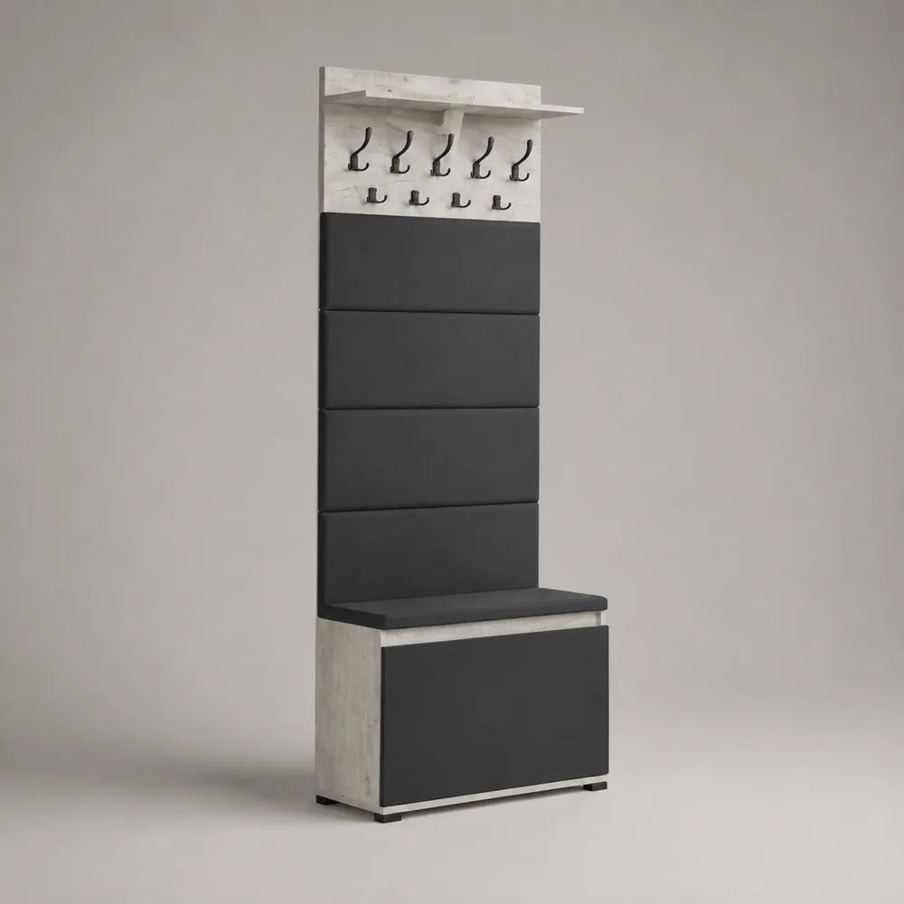 Meuble d'entrée avec banc coffre panneaux rembourrés patères étagère mélaminé gris clair gris anthracite 80 x 40 x 190 cm