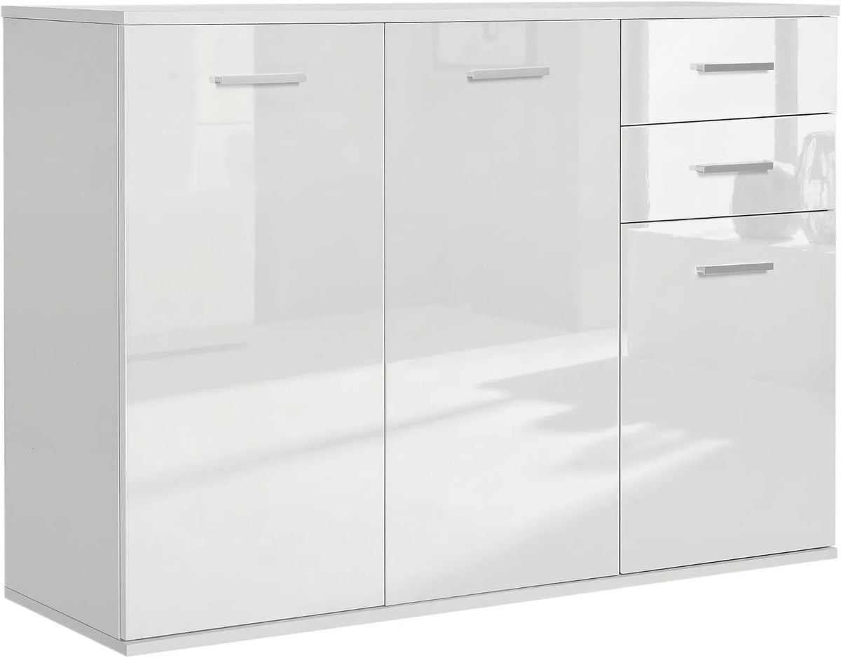HOMCOM Buffet et meuble de rangement Salon à Haut Brillance: avec rangement, avec tiroirs, réglable, 3 Portes, 2 tiroirs, 106 × 35 × 76 cm, blanc