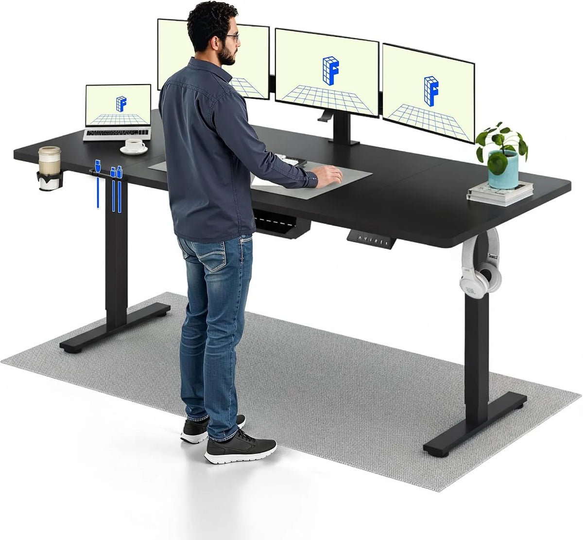 Bureau et table informatique – réglable, 200 × 80cm, noir