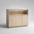 Buffet de salle à manger en MDF finition chêne clair trois portes étagère ouverte L120 cm P40 cm H100 cm