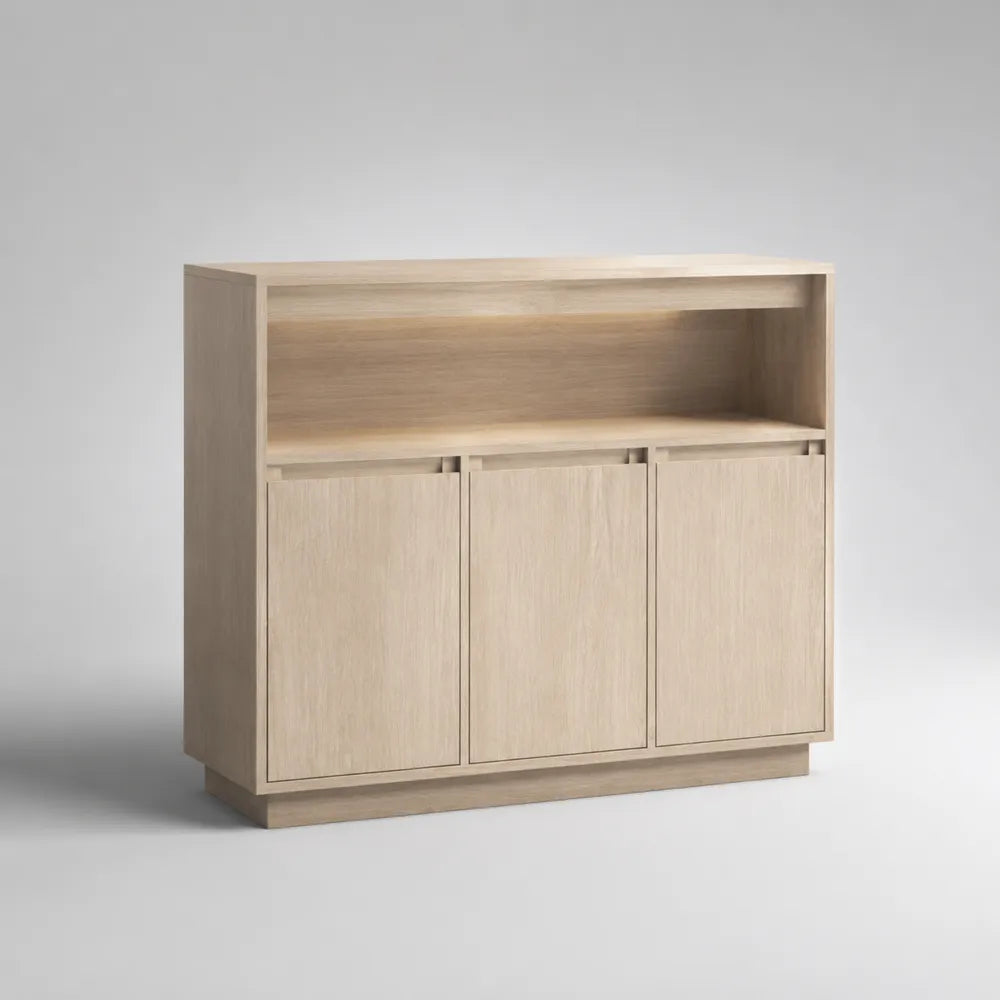 Buffet de salle à manger en MDF finition chêne clair trois portes étagère ouverte L120 cm P40 cm H100 cm