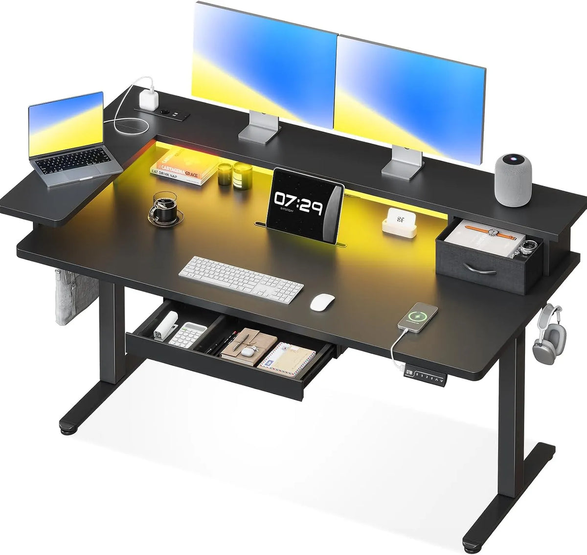 Bureau et table informatique: avec tiroirs, avec port USB, avec écran, 1 Pièce, 140 × 60 cm, noir