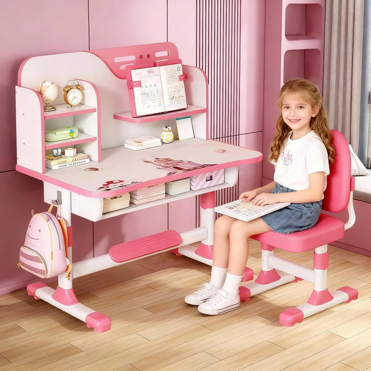 Bureau et table informatique – pour enfant, à motifs, style dessin animé, avec tiroirs, rose, réglable