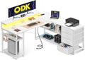 Bureau et table informatique — réversible, avec rangement, avec tiroirs, avec port USB, 135 × 110cm, blanc, avec éclairage LED