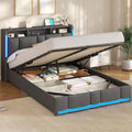 Lit Coffre 140x190 CM: en bois, avec rangement, avec port USB, affichage LED, 140 × 190 CM, gris, revêtement en tissu