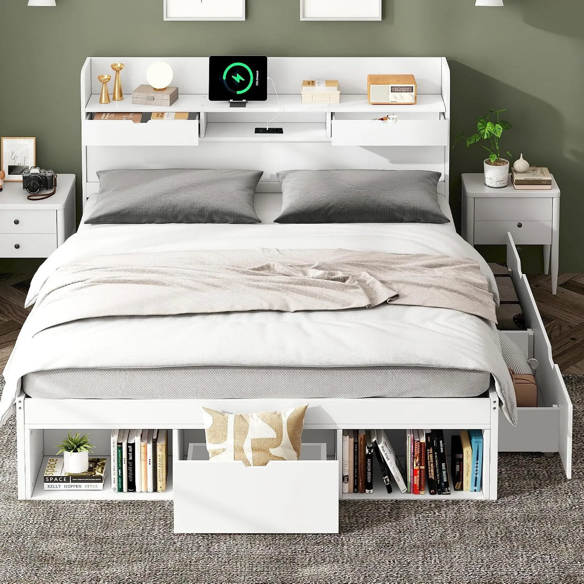 Lit Coffre 140x190 avec tiroirs USB et Espace de Rangement — avec rangement, avec port USB, 140 × 190, blanc