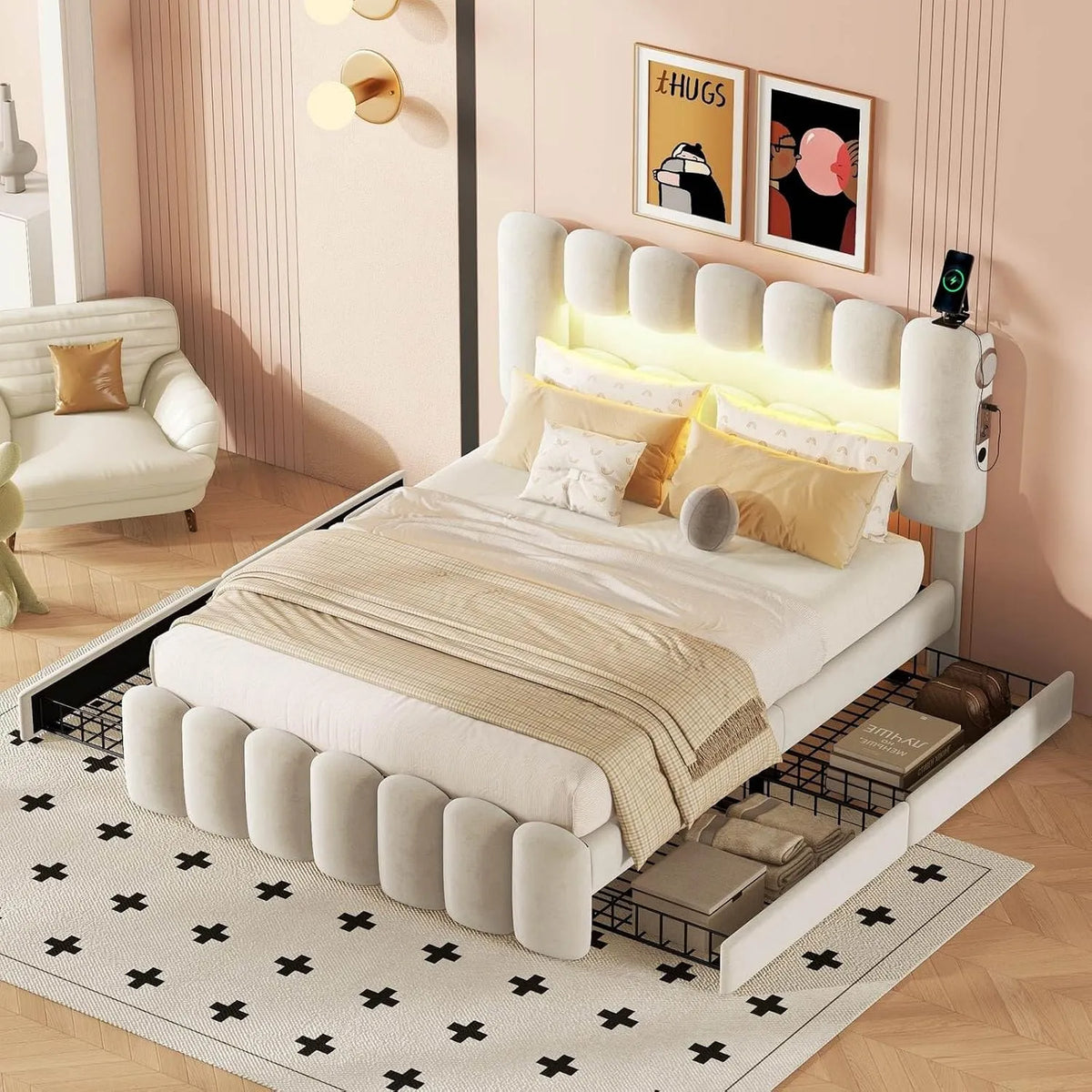Lit Double 140x200cm Avec 4 Tiroirs – avec rangement, avec tiroirs, avec port USB, affichage LED, 140 × 200cm, beige, revêtement en velours