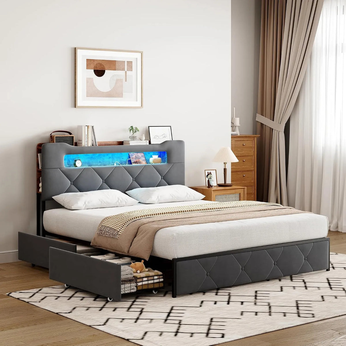 Lit rembourré et cadre de lit tapissé – avec tiroirs, avec port USB, affichage LED, 4 tiroirs, 140 × 200 cm, gris, revêtement en velours