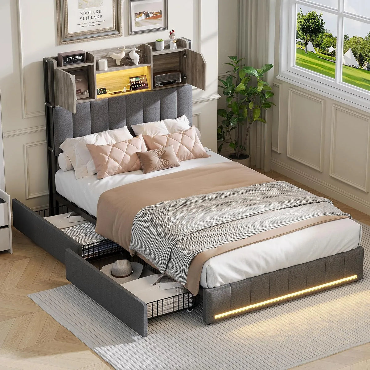 Lit 90x200 cm avec Sommier LED et USB: en métal, revêtement en tissu, en bois, avec rangement, 2 Tiroirs, 90 × 200 cm, gris