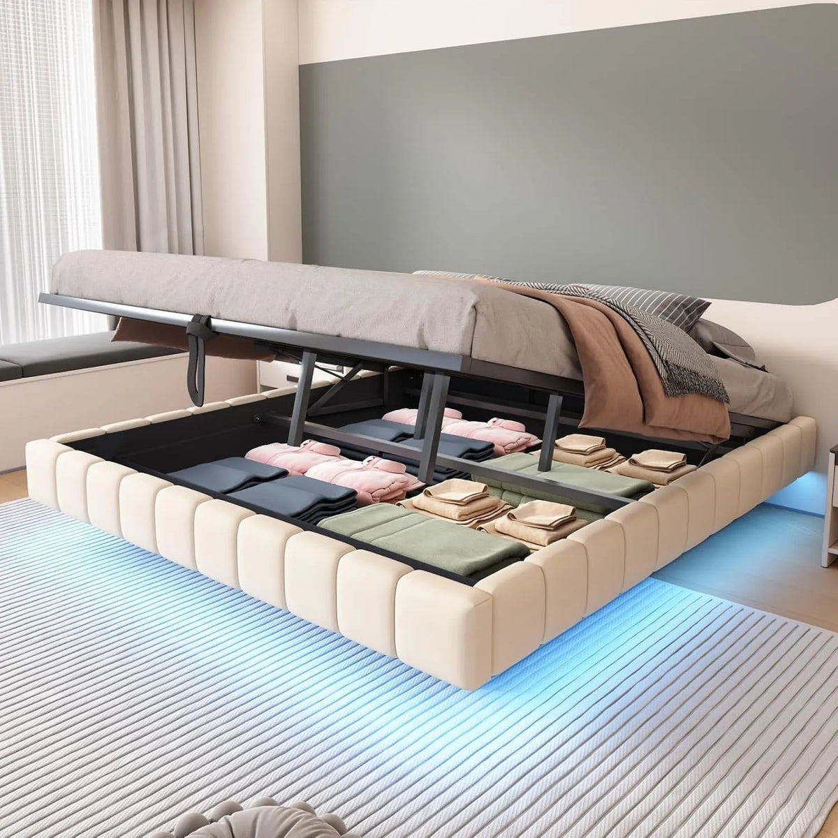 Lit Coffre 180x200cm Rembourré sans Tête – avec rangement, affichage LED, 180 × 200cm, beige