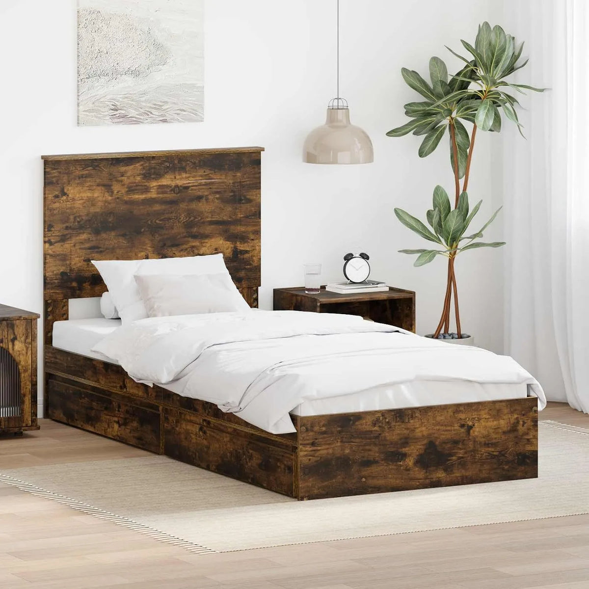 Cadre de lit et structure de lit de rangement en chêne fumé – en bois, avec rangement, avec tiroirs, 2 tiroirs, 100 × 200 cm, revêtement en tissu