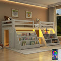 Lit superposé et lit mezzanine — pour enfant, avec rangement, avec escalier, avec échelle, 90 × 200 cm, blanc, revêtement en tissu