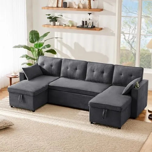 Canapé d'angle et canapé panoramique – Convertible, en coton, avec rangement, 3 Places, 4 Places, gris, avec fonction couchage, revêtement en tissu