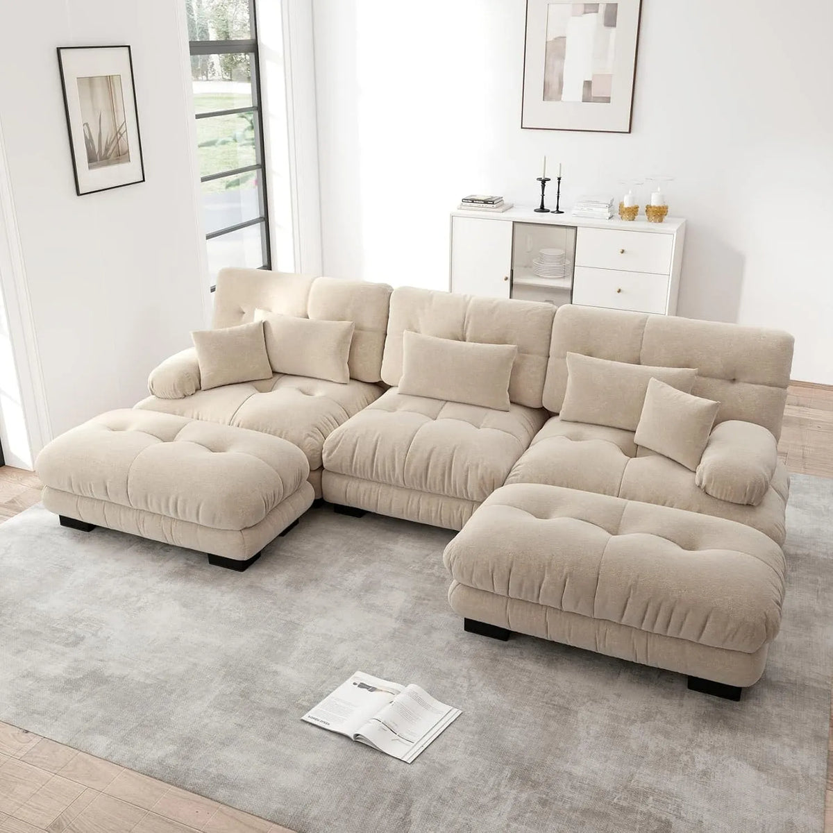Canapé modulaire — en chenille, avec accoudoirs, avec coussins, 3 Places, beige