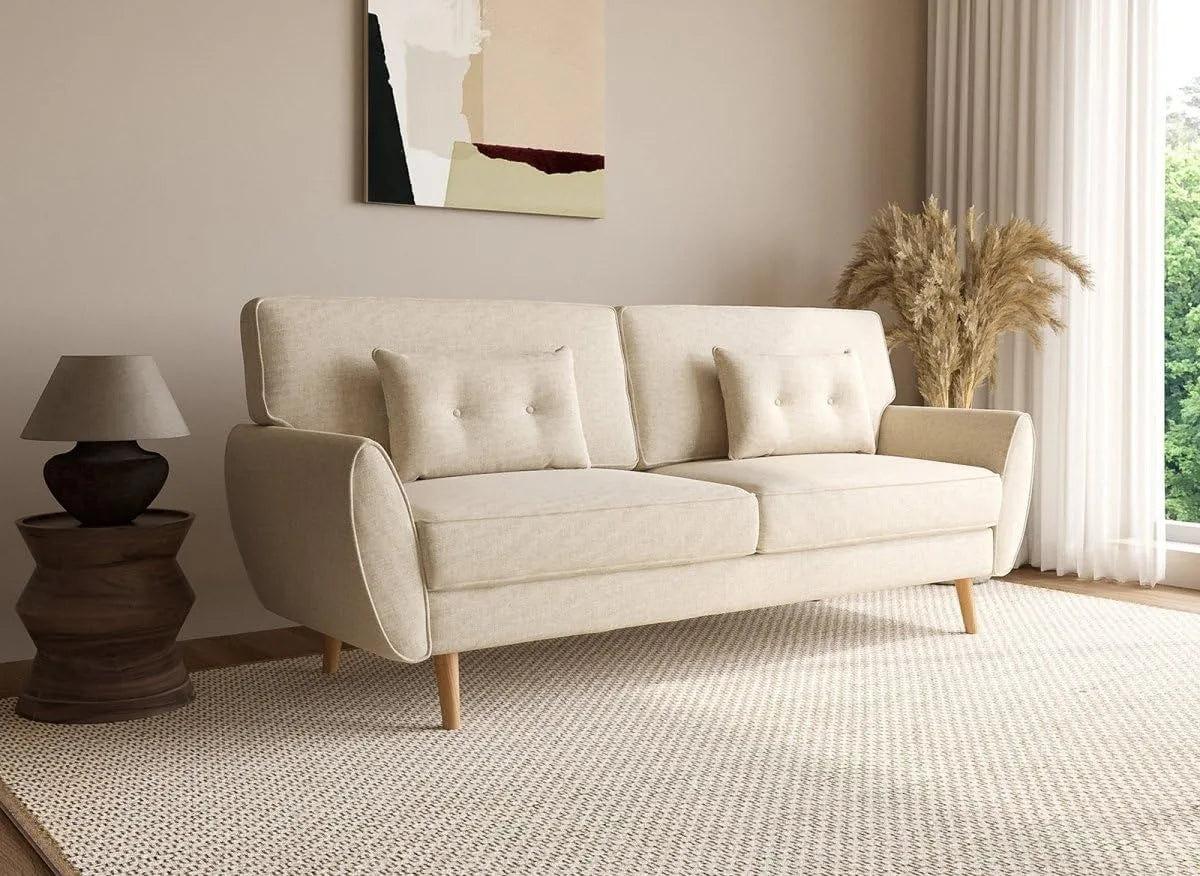 Canapé: en velours côtelé, revêtement en tissu, en bois, beige