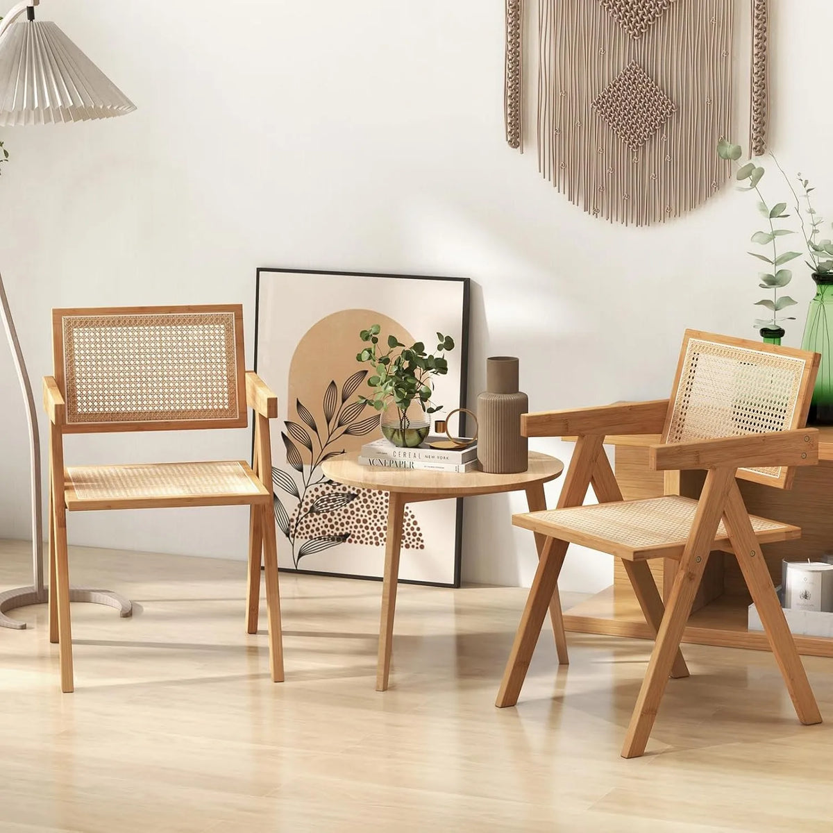 Chaise: en bois, avec accoudoirs, avec dossier, Lot de 2, 45 CM, en résine tressée