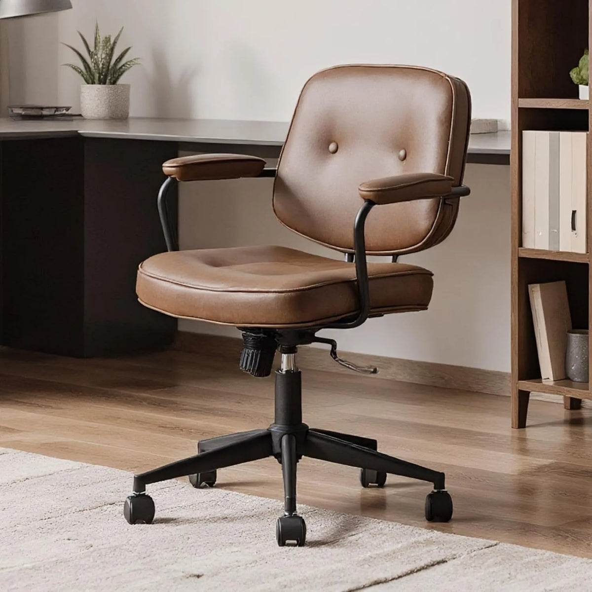 Bureau et table informatique: en cuir PU, réglable, avec roulettes, marron