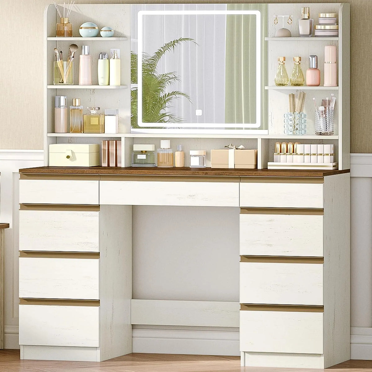 Hzuaneri Grande Coiffeuse et table de maquillage avec éclairage LED – DT41914X, avec tiroirs, avec étagères, réglable, affichage LED, 9 étagères