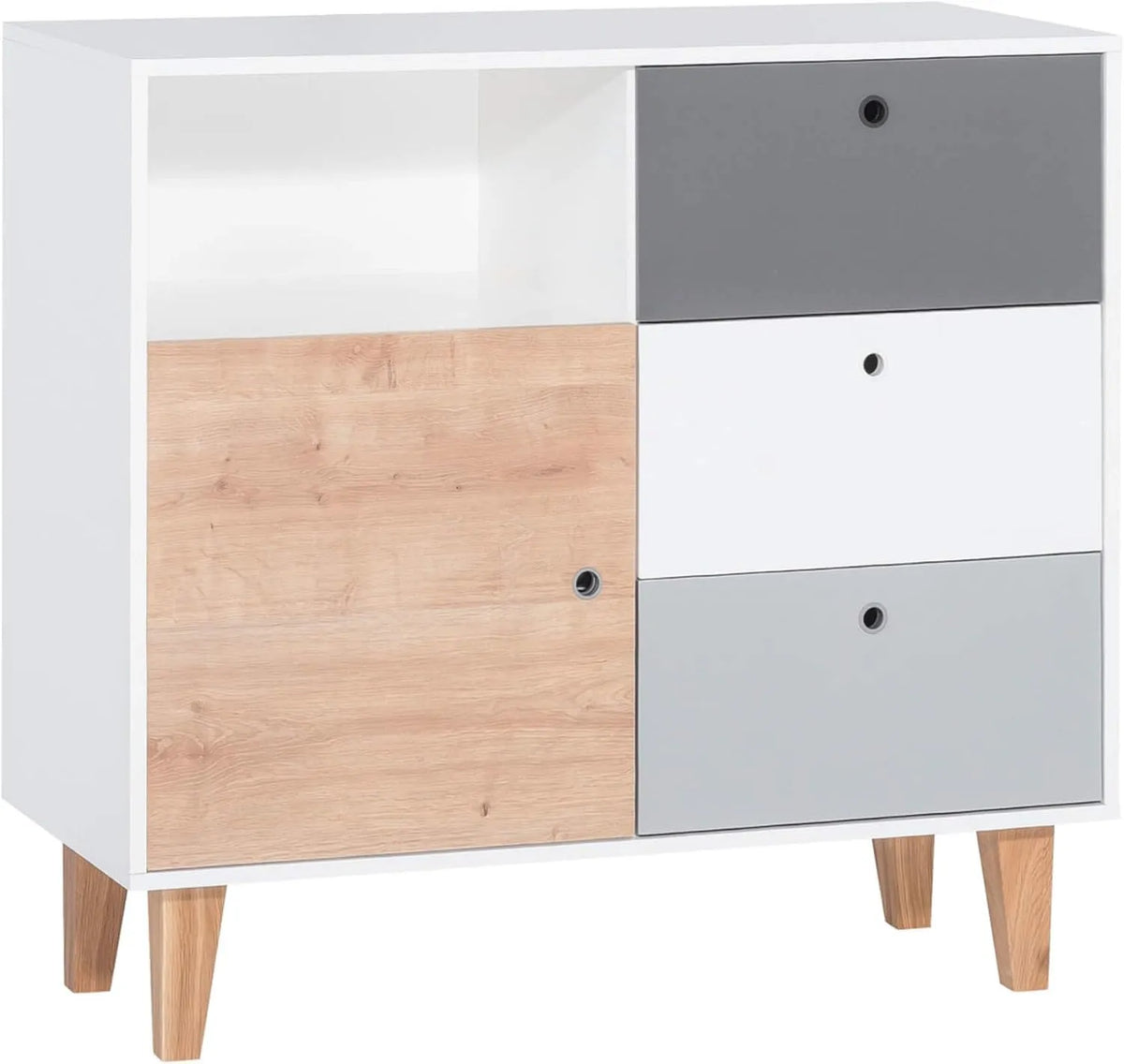 Commode et meuble à tiroirs 3 tiroirs 1 Porte Naturelle avec Niche de Rangement — CO17019, en bois, avec rangement, avec tiroirs