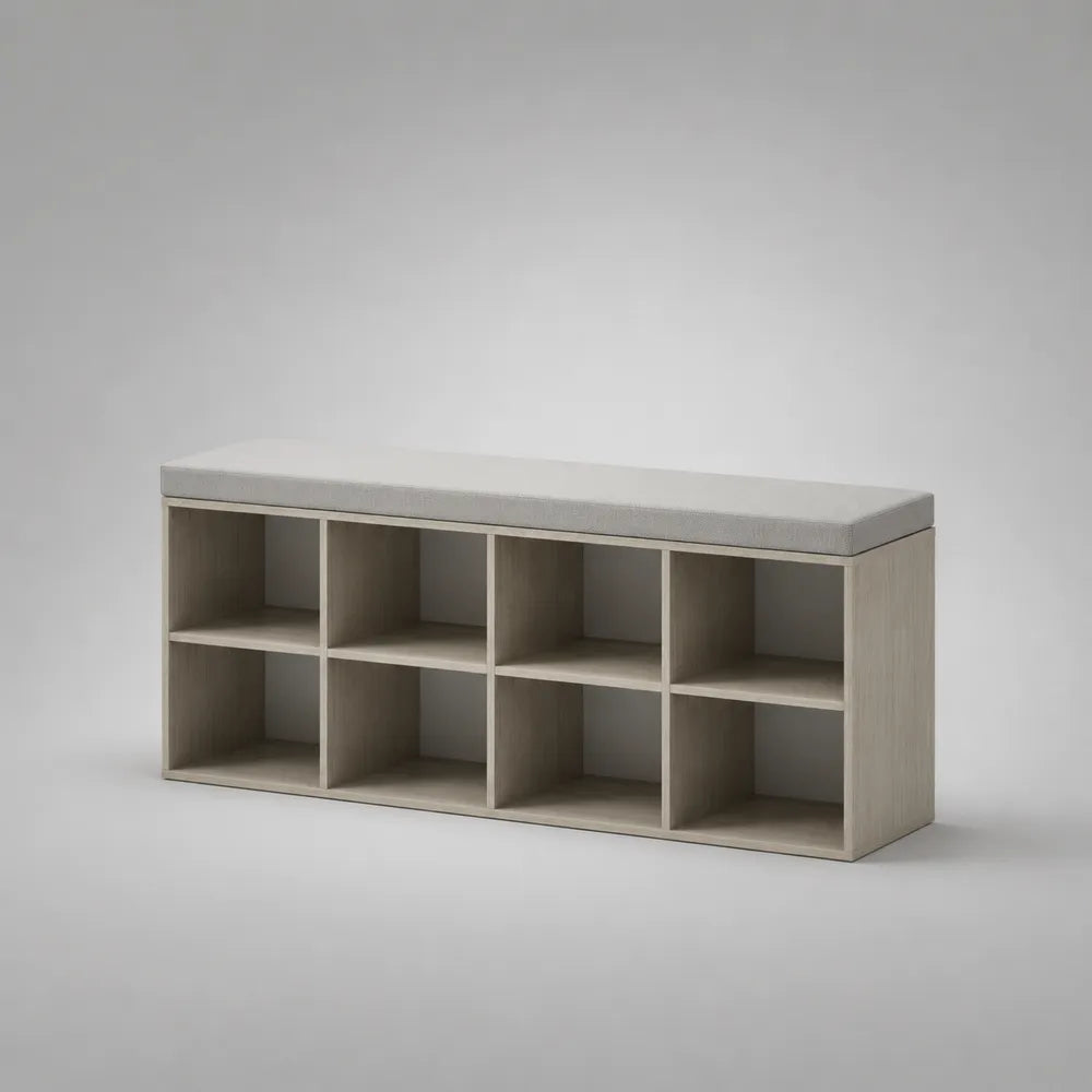 Meuble à chaussures avec banc 120 cm x 35 cm x 45 cm en MDF mélaminé chêne clair avec coussin gris et 8 compartiments rectangulaire